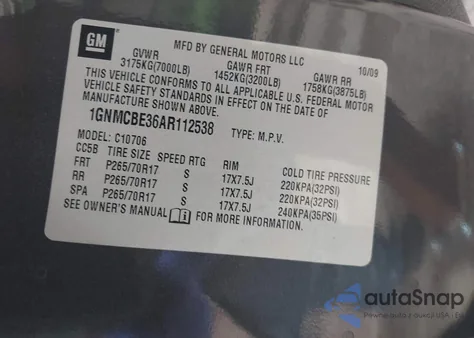 2010 Chevrolet Tahoe C1500 Lt из США, поврежденный, VIN 1GNMCBE36AR112538